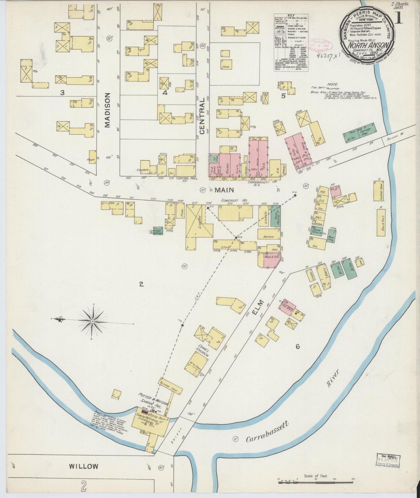 Sanborn Fire Insurance Map from North Anson, Somerset County, Maine (1892), Sheet #0001 - Historic Sanborn Fire Insurance Map Print, vintage old map wall art, antique decor, genealogy gift, Maine Maine map