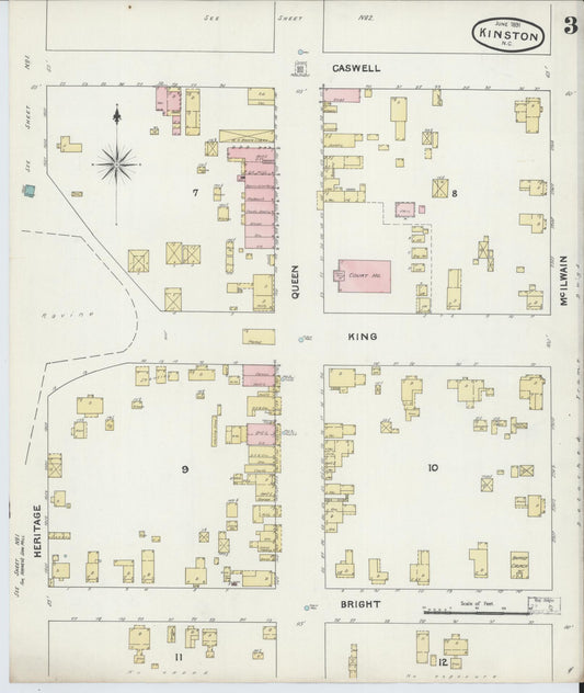 Sanborn Fire Insurance Map from Kinston, Lenoir County, North Carolina (1891), Sheet #0003 - Historic Sanborn Fire Insurance Map Print, vintage old map wall art, antique decor, genealogy gift, North Carolina North Carolina map