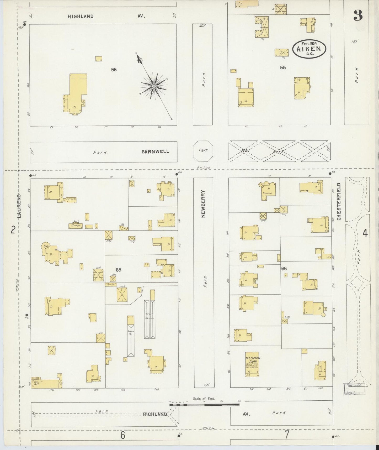 Sanborn Fire Insurance Map from Aiken, Aiken County, South Carolina (1904), Sheet #0003 - Complete Map Set gallery image, historic Sanborn map, vintage wall art, South Carolina South Carolina