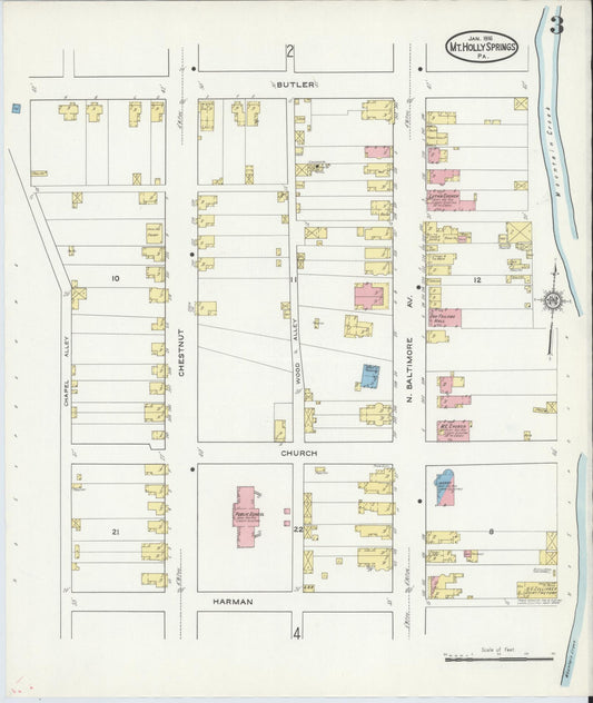 Sanborn Fire Insurance Map from Mount Holly Springs, Cumberland County, Pennsylvania (1916), Sheet #0003 - Historic Sanborn Fire Insurance Map Print, vintage old map wall art, antique decor, genealogy gift, Pennsylvania Pennsylvania map