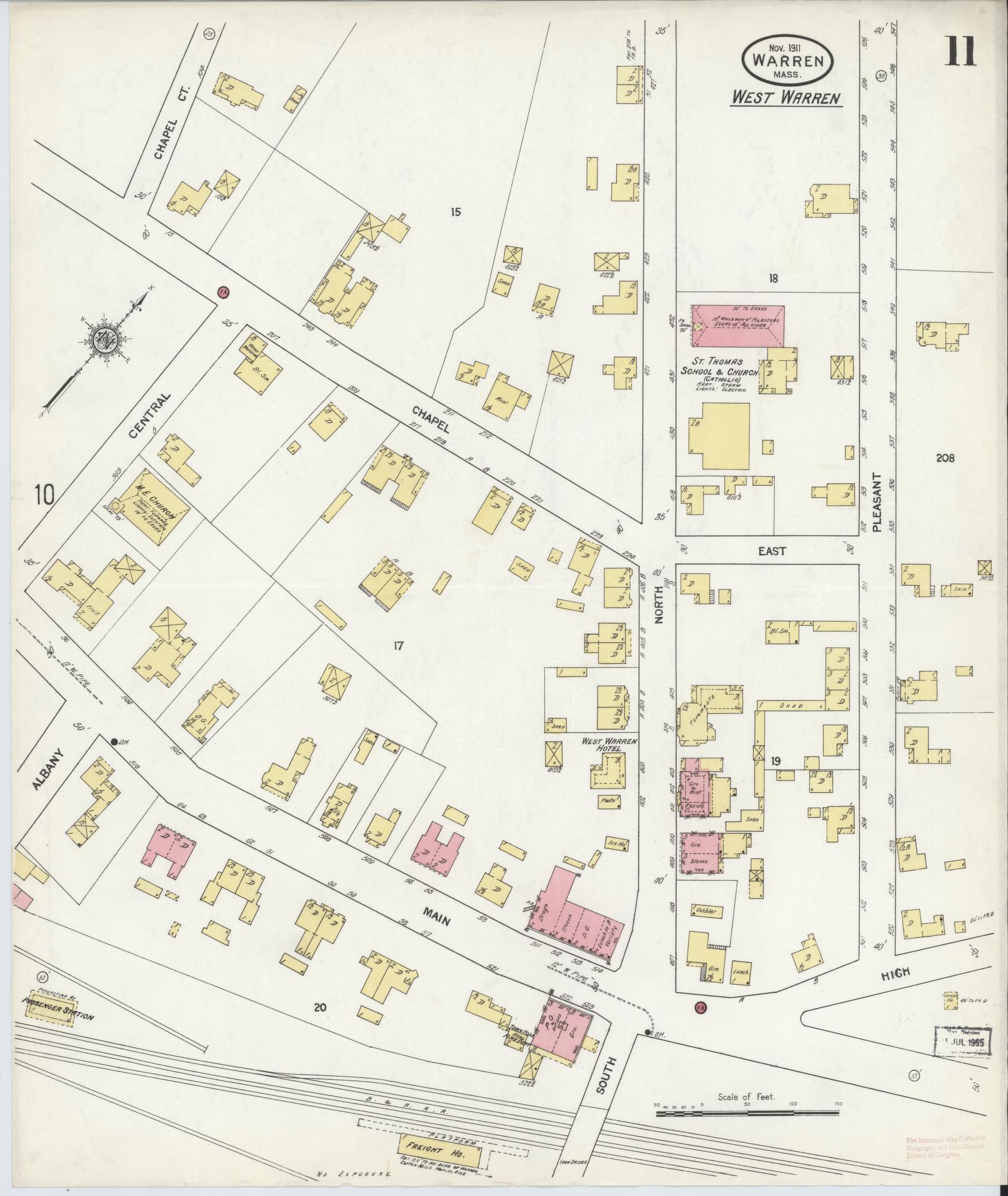 Sanborn Fire Insurance Map from Warren, Worcester County, Massachusetts (1911), Sheet #0011 - Complete Map Set gallery image, historic Sanborn map, vintage wall art, Massachusetts Massachusetts