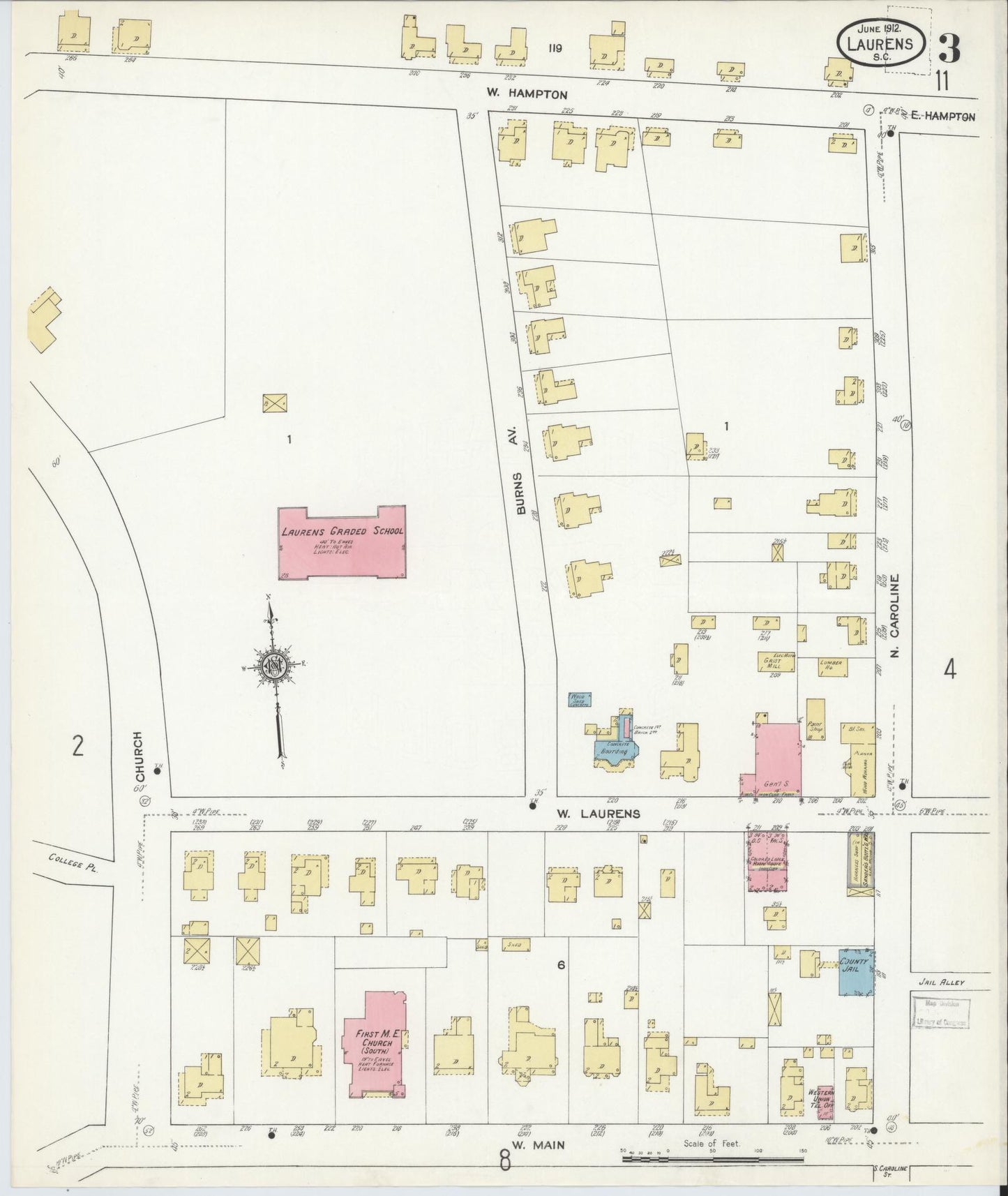 Sanborn Fire Insurance Map from Laurens, Laurens County, South Carolina (1912), Sheet #0003 - Complete Map Set gallery image, historic Sanborn map, vintage wall art, South Carolina South Carolina