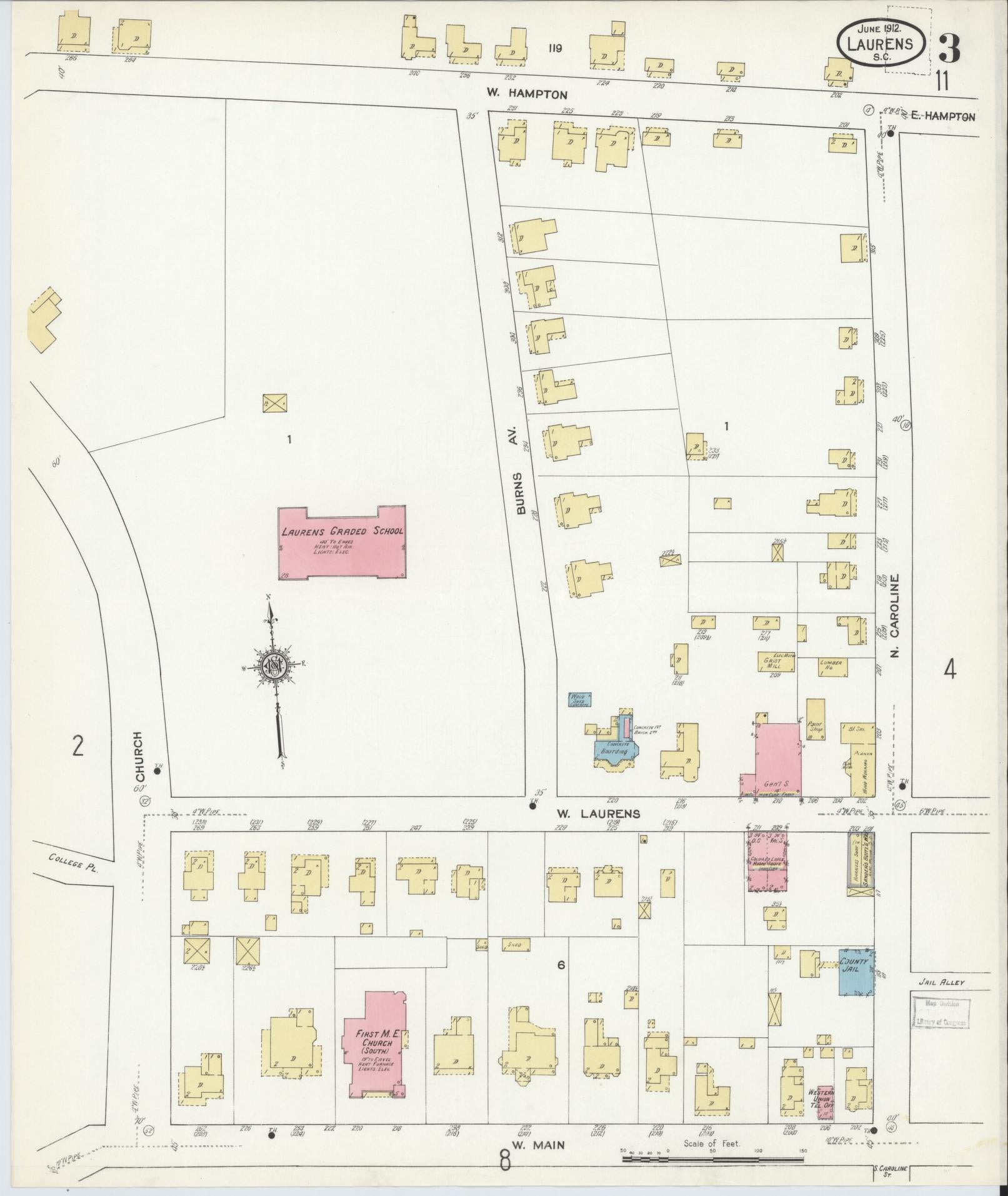 Sanborn Fire Insurance Map from Laurens, Laurens County, South Carolina (1912), Sheet #0003 - Complete Map Set gallery image, historic Sanborn map, vintage wall art, South Carolina South Carolina