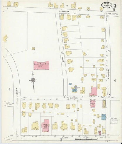 Sanborn Fire Insurance Map from Laurens, Laurens County, South Carolina (1912), Sheet #0003 - Complete Map Set gallery image, historic Sanborn map, vintage wall art, South Carolina South Carolina