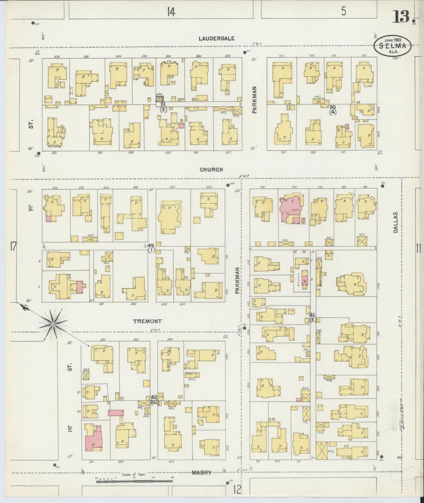 Sanborn Fire Insurance Map from Selma, Dallas County, Alabama (1903), Sheet #0013 - Historic Sanborn Fire Insurance Map Print, vintage old map wall art, antique decor, genealogy gift, Alabama Alabama map