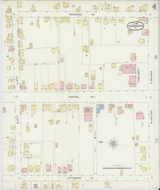 Sanborn Fire Insurance Map from Canonsburg, Washington County, Pennsylvania (1896), Sheet #0004 - Historic Sanborn Fire Insurance Map Print, vintage old map wall art, antique decor, genealogy gift, Pennsylvania Pennsylvania map