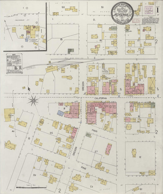 Sanborn Fire Insurance Map from Jacksonville, Jackson County, Oregon (1907), Sheet #0001 - Historic Sanborn Fire Insurance Map Print, vintage old map wall art, antique decor, genealogy gift, Oregon Oregon map