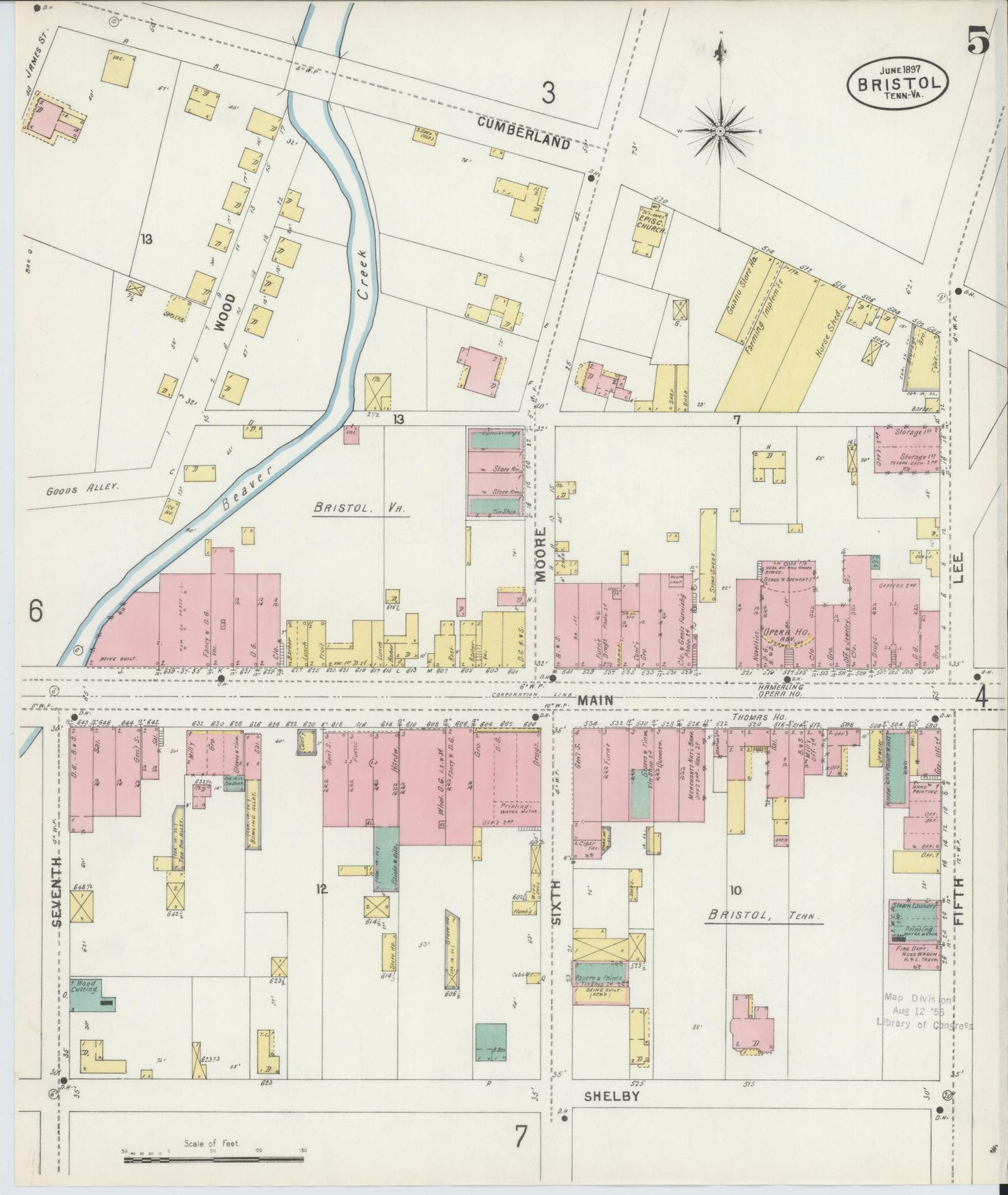 Sanborn Fire Insurance Map from Bristol, Sullivan County, Tennessee (1898), Sheet #0005 - Historic Sanborn Fire Insurance Map Print, vintage old map wall art, antique decor, genealogy gift, Tennessee Tennessee map