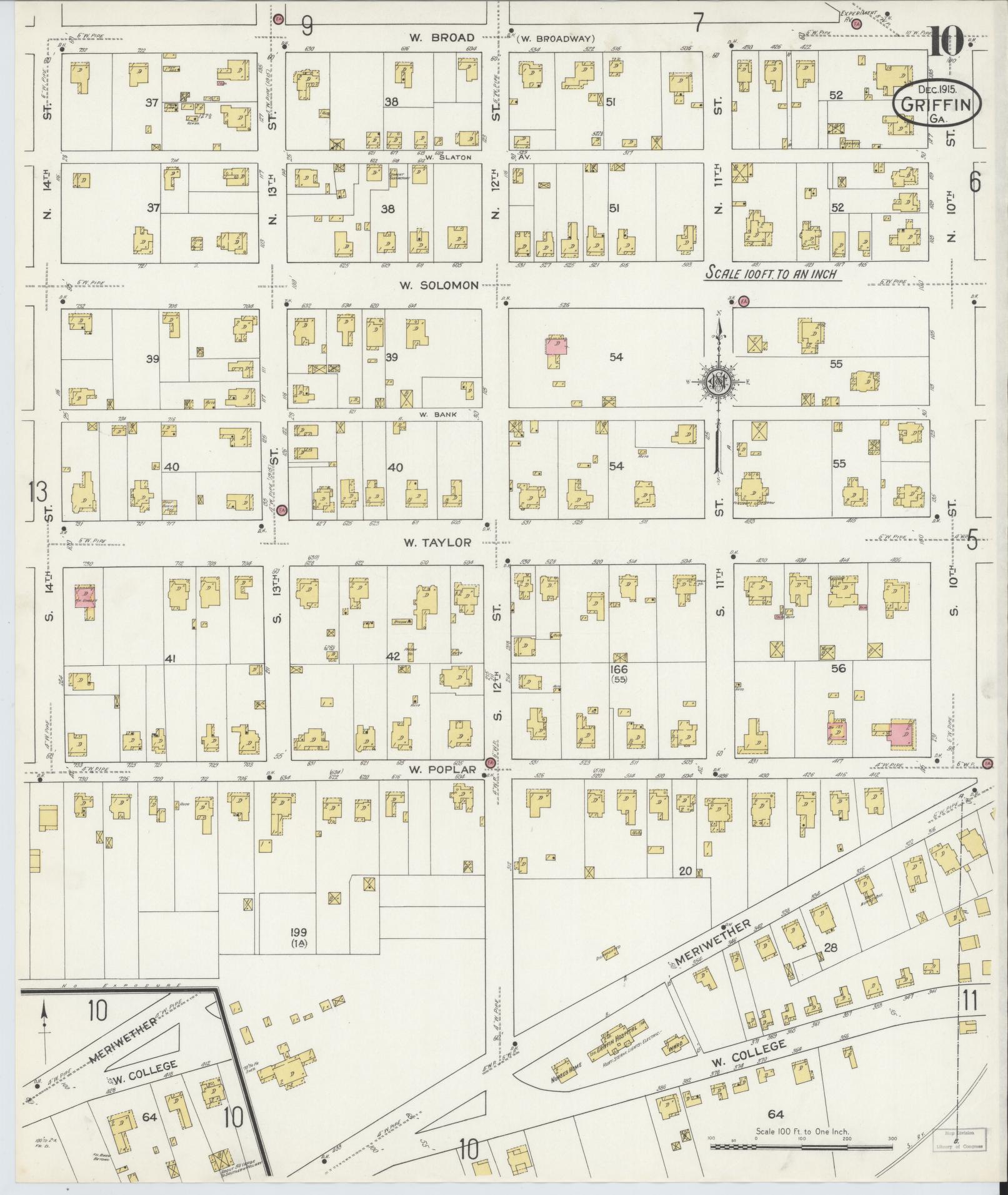 Sanborn Fire Insurance Map from Griffin, Spalding County, Georgia (1915), Sheet #0010 - Complete Map Set gallery image, historic Sanborn map, vintage wall art, Georgia Georgia