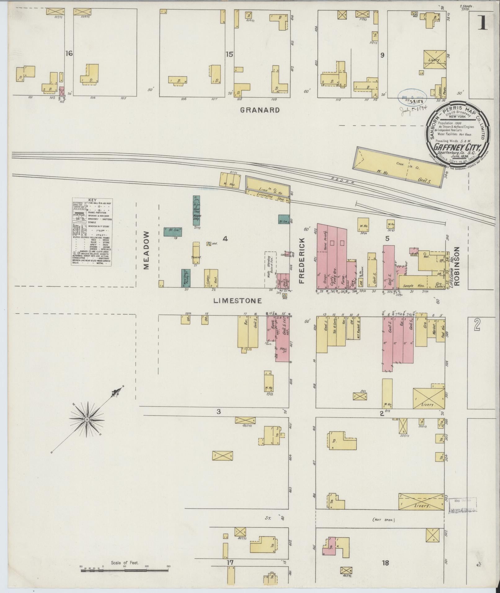 Sanborn Fire Insurance Map from Gaffney, Cherokee County, South Carolina (1894), Sheet #0001 - Complete Map Set gallery image, historic Sanborn map, vintage wall art, South Carolina South Carolina