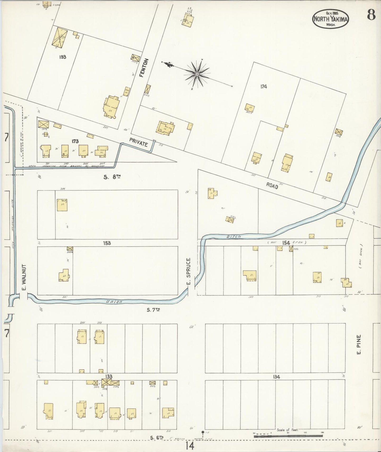 Sanborn Fire Insurance Map from North Yakima, Yakima County, Washington (1905), Sheet #0008 - Complete Map Set gallery image, historic Sanborn map, vintage wall art, Washington Washington