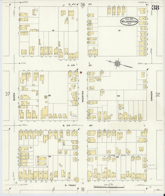 Sanborn Fire Insurance Map from Wilmington, New Hanover County, North Carolina (1910), Sheet #0038 - Historic Sanborn Fire Insurance Map Print, vintage old map wall art, antique decor, genealogy gift, North Carolina North Carolina map