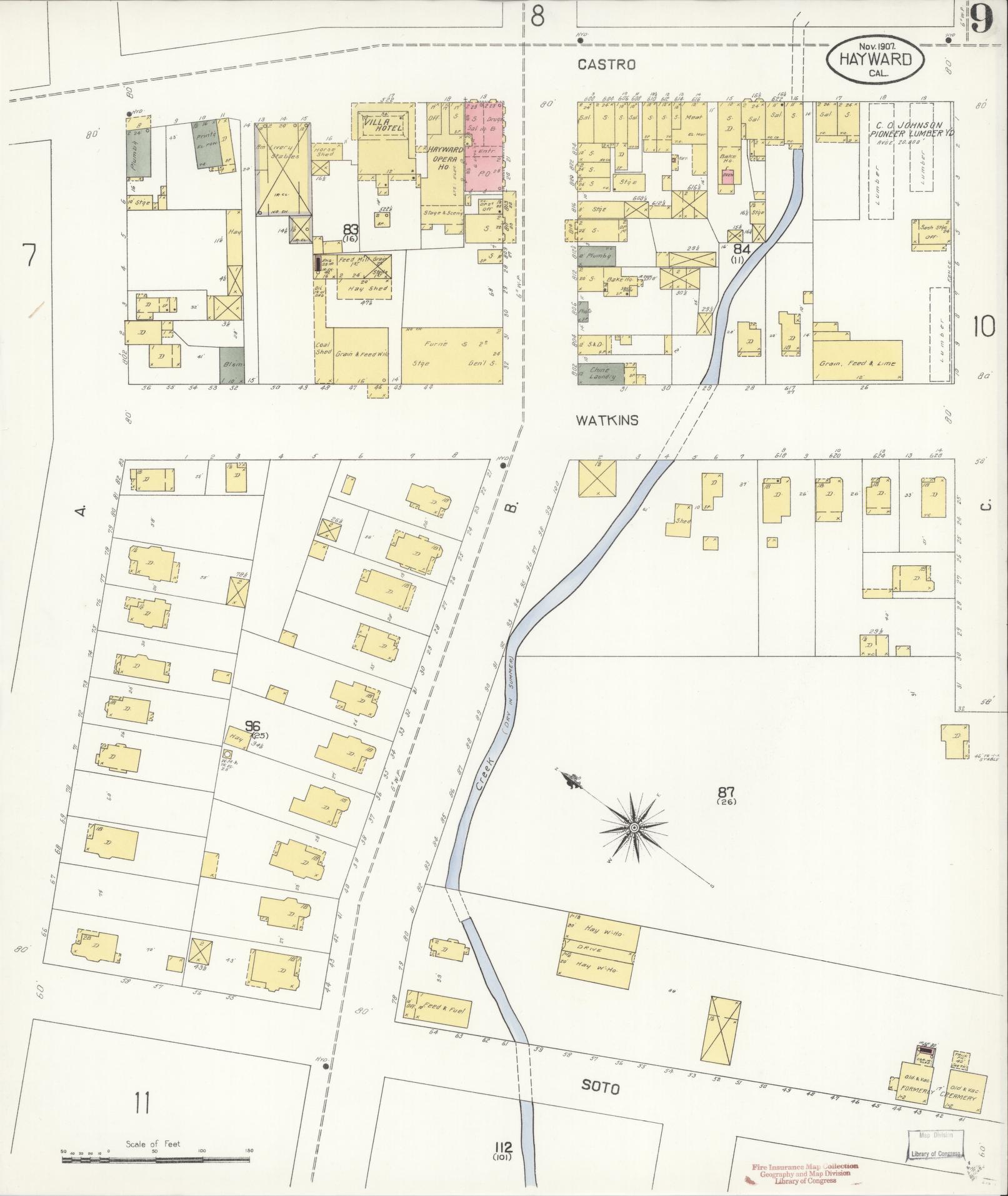 Sanborn Fire Insurance Map from Hayward, Alameda County, California (1907), Sheet #0009 - Historic Sanborn Fire Insurance Map Print, vintage old map wall art, antique decor, genealogy gift, California California map