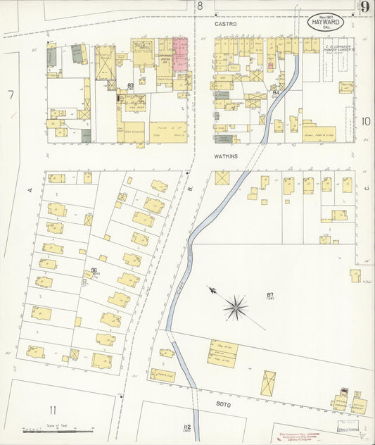 Sanborn Fire Insurance Map from Hayward, Alameda County, California (1907), Sheet #0009 - Historic Sanborn Fire Insurance Map Print, vintage old map wall art, antique decor, genealogy gift, California California map