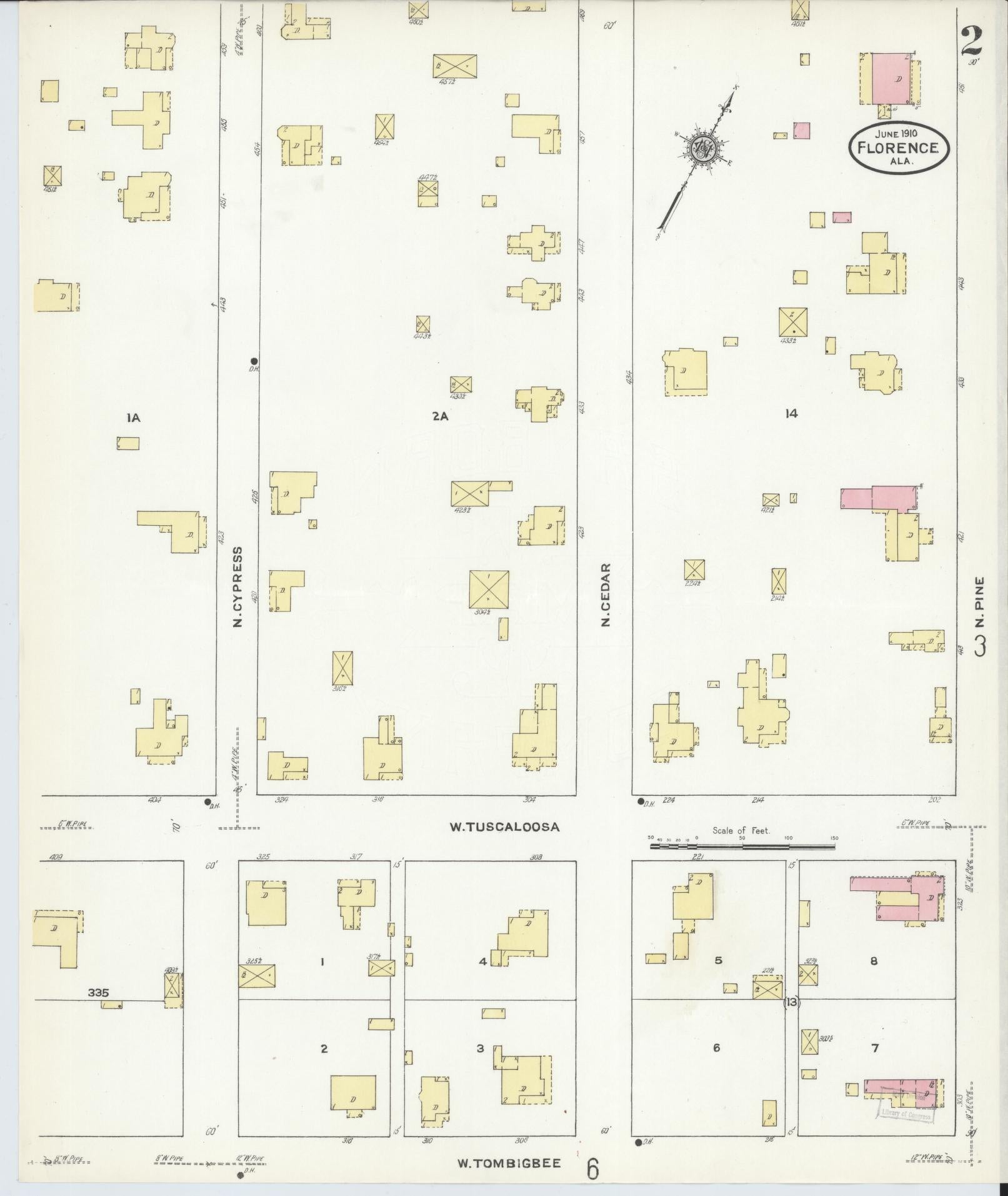 Sanborn Fire Insurance Map from Florence, Lauderdale County, Alabama (1910), Sheet #0002 - Historic Sanborn Fire Insurance Map Print, vintage old map wall art, antique decor, genealogy gift, Alabama Alabama map