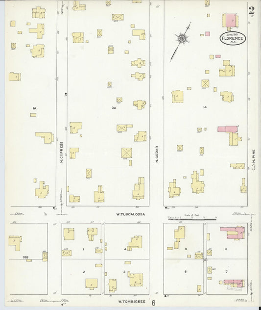 Sanborn Fire Insurance Map from Florence, Lauderdale County, Alabama (1910), Sheet #0002 - Historic Sanborn Fire Insurance Map Print, vintage old map wall art, antique decor, genealogy gift, Alabama Alabama map