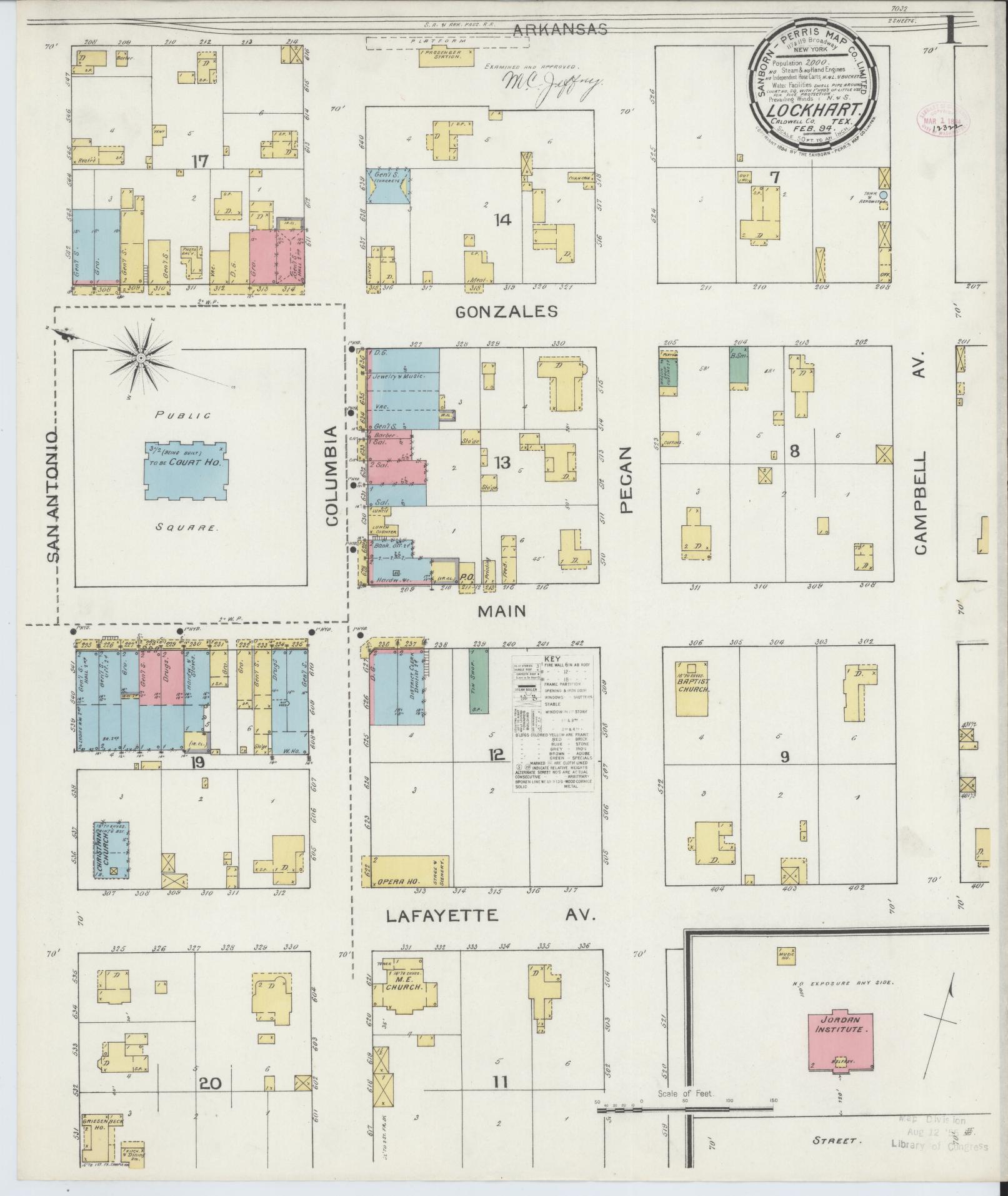 Sanborn Fire Insurance Map from Lockhart, Caldwell County, Texas (1894), Sheet #0001 - Historic Sanborn Fire Insurance Map Print, vintage old map wall art, antique decor, genealogy gift, Texas Texas map
