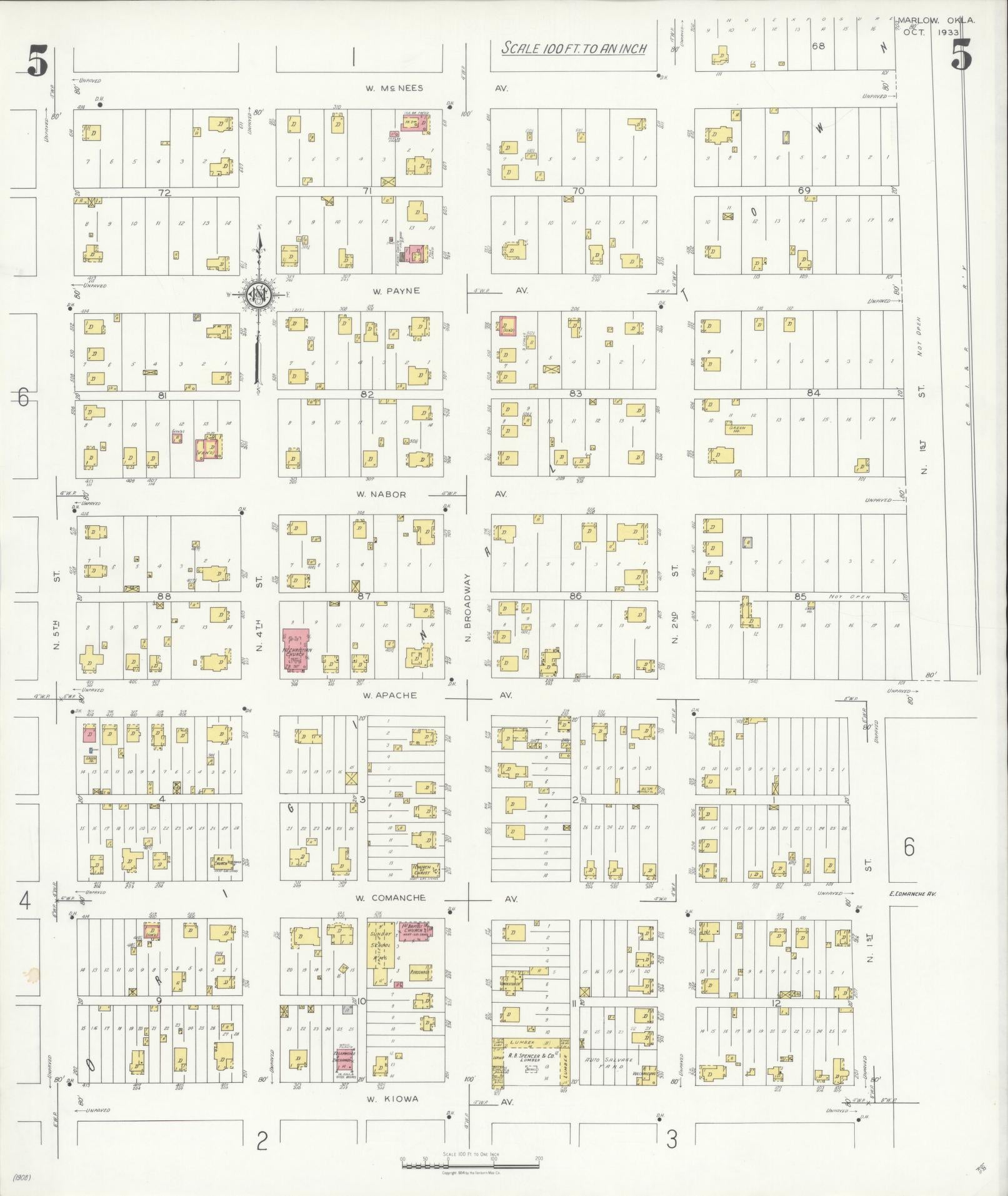 Sanborn Fire Insurance Map from Marlow, Stephens County, Oklahoma (1933), Sheet #0005 - Historic Sanborn Fire Insurance Map Print, vintage old map wall art, antique decor, genealogy gift, Oklahoma Oklahoma map