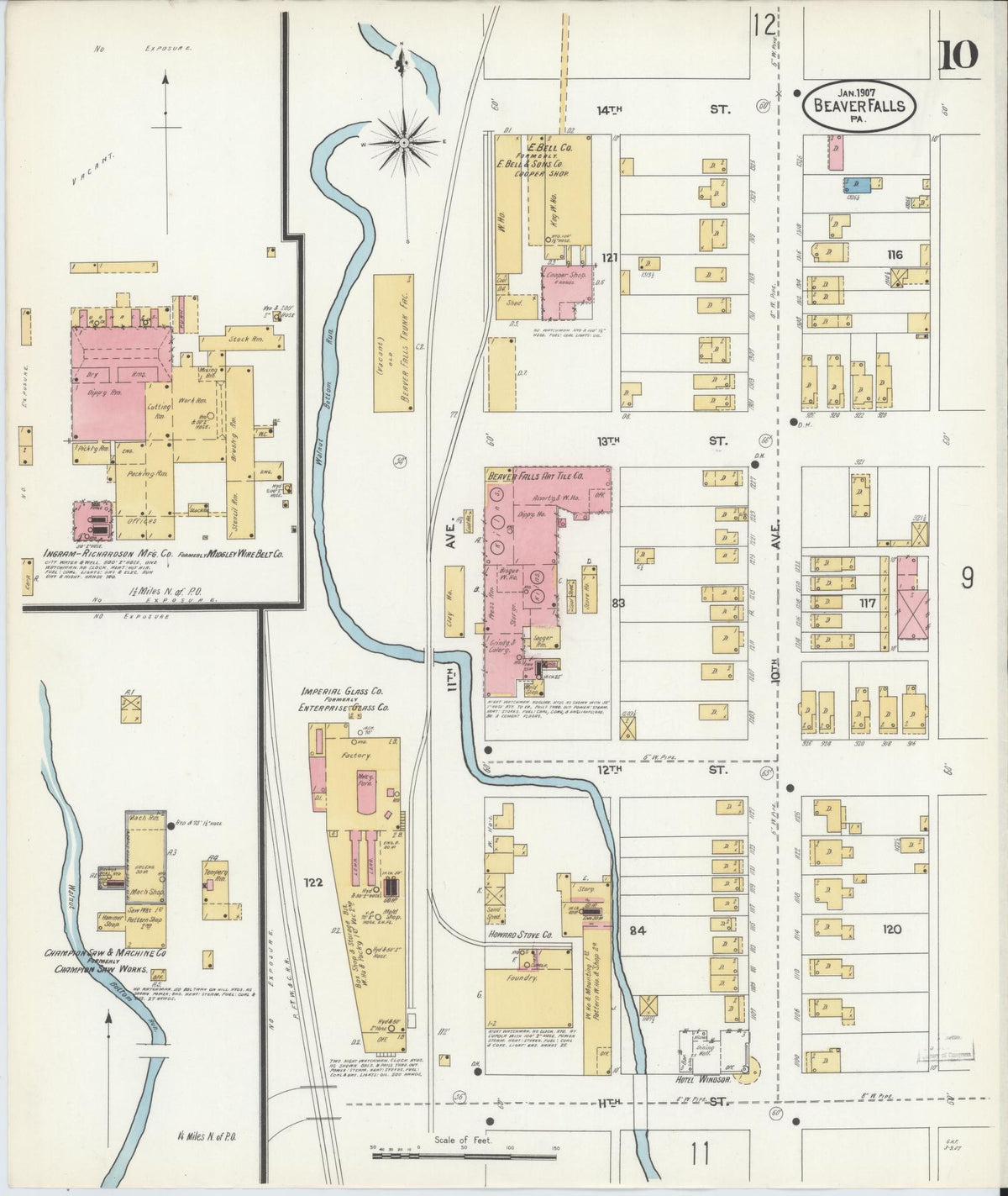 Sanborn Fire Insurance Map from Beaver Falls, Beaver County, Pennsylvania (1907), Sheet #0010 - Complete Map Set gallery image, historic Sanborn map, vintage wall art, Pennsylvania Pennsylvania