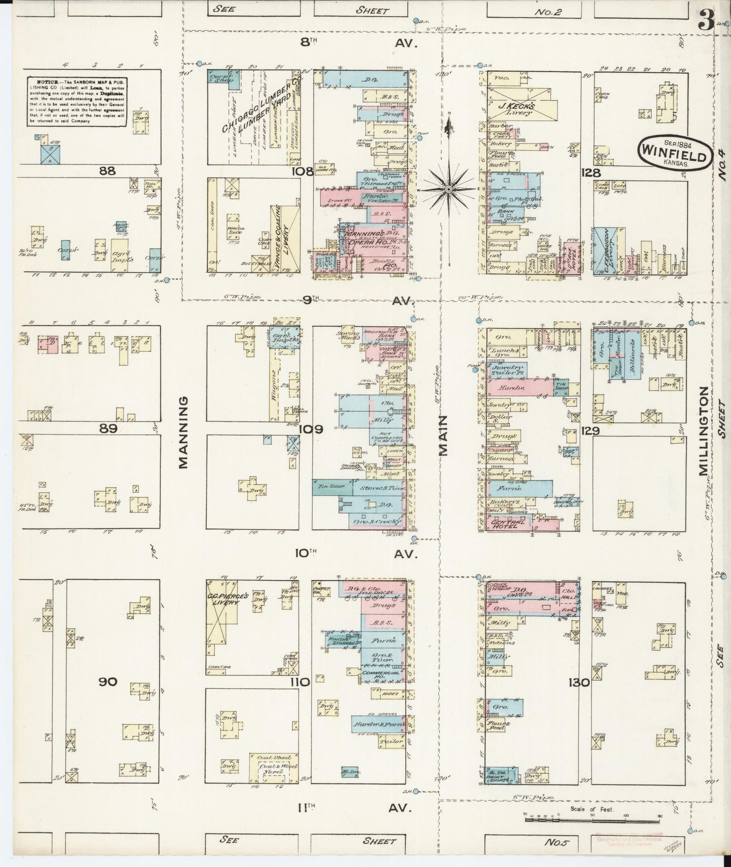 Sanborn Fire Insurance Map from Winfield, Cowley County, Kansas (1884), Sheet #0003 - Historic Sanborn Fire Insurance Map Print, vintage old map wall art, antique decor, genealogy gift, Kansas Kansas map