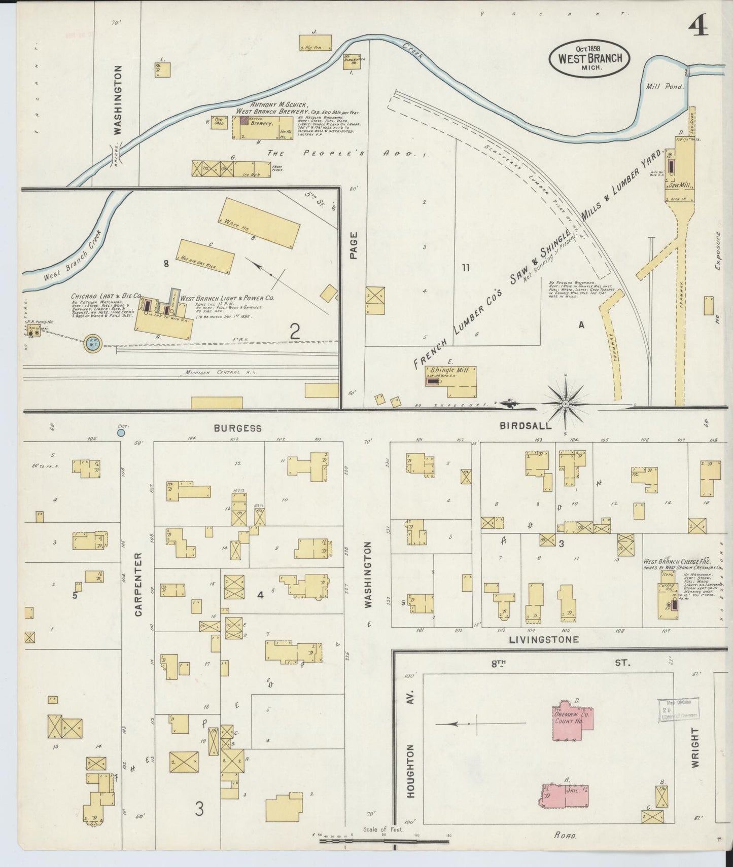 Sanborn Fire Insurance Map from West Branch, Ogemaw County, Michigan (1898), Sheet #0004 - Historic Sanborn Fire Insurance Map Print, vintage old map wall art, antique decor, genealogy gift, Michigan Michigan map