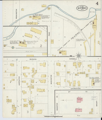 Sanborn Fire Insurance Map from West Branch, Ogemaw County, Michigan (1898), Sheet #0004 - Historic Sanborn Fire Insurance Map Print, vintage old map wall art, antique decor, genealogy gift, Michigan Michigan map