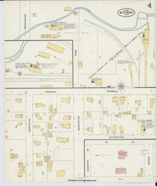 Sanborn Fire Insurance Map from West Branch, Ogemaw County, Michigan (1898), Sheet #0004 - Historic Sanborn Fire Insurance Map Print, vintage old map wall art, antique decor, genealogy gift, Michigan Michigan map