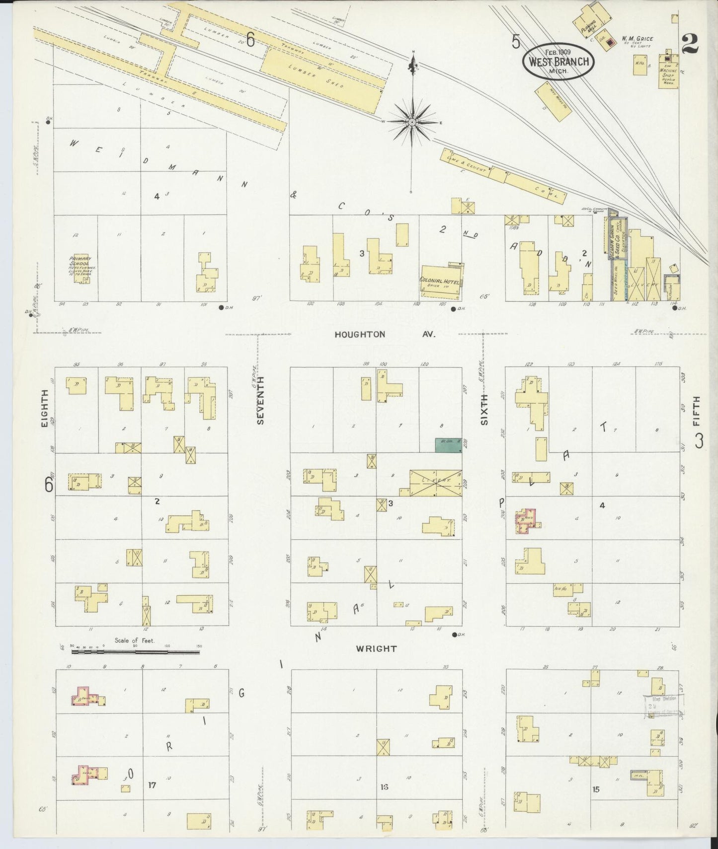 Sanborn Fire Insurance Map from West Branch, Ogemaw County, Michigan (1909), Sheet #0002 - Complete Map Set gallery image, historic Sanborn map, vintage wall art, Michigan Michigan