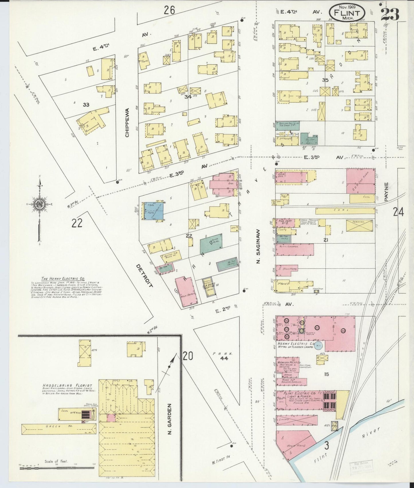Sanborn Fire Insurance Map from Flint, Genesee County, Michigan (1909), Sheet #0023 - Complete Map Set gallery image, historic Sanborn map, vintage wall art, Michigan Michigan