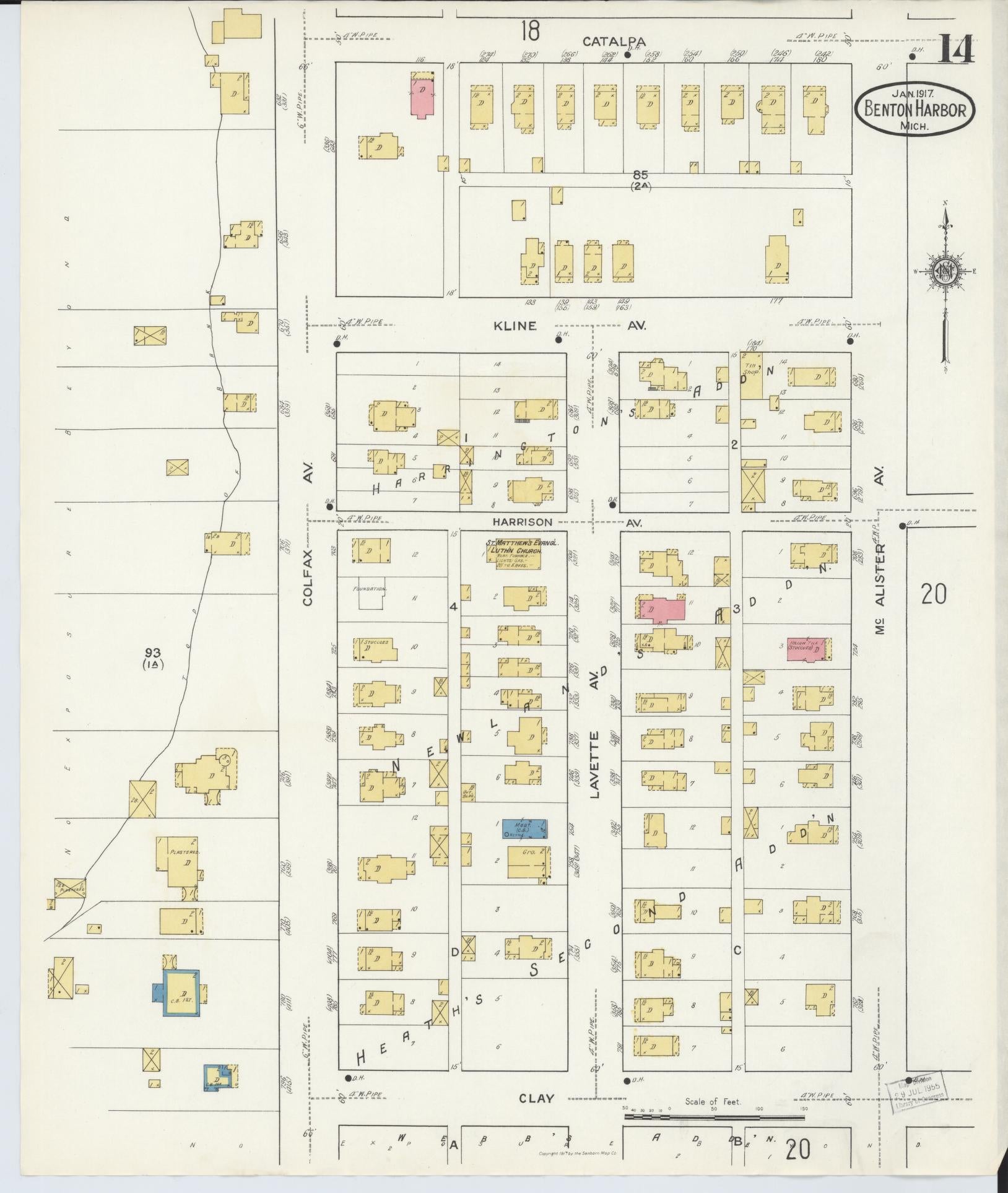 Sanborn Fire Insurance Map from Benton Harbor, Berrien County, Michigan (1917), Sheet #0014 - Historic Sanborn Fire Insurance Map Print, vintage old map wall art, antique decor, genealogy gift, Michigan Michigan map