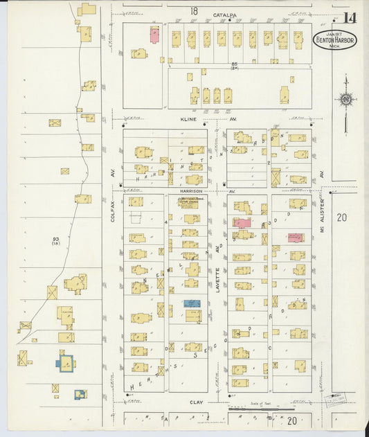 Sanborn Fire Insurance Map from Benton Harbor, Berrien County, Michigan (1917), Sheet #0014 - Historic Sanborn Fire Insurance Map Print, vintage old map wall art, antique decor, genealogy gift, Michigan Michigan map