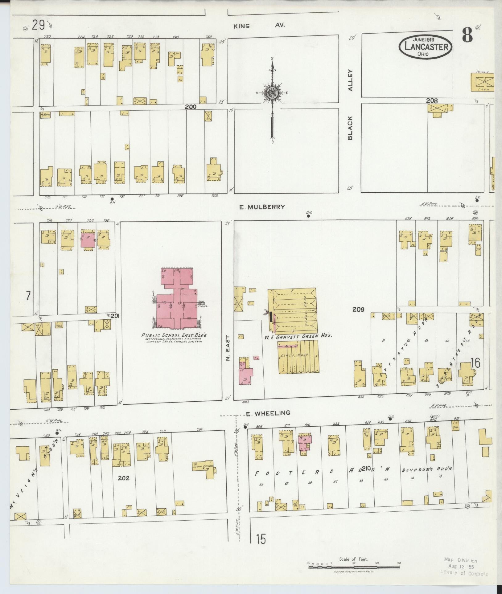 Sanborn Fire Insurance Map from Lancaster, Fairfield County, Ohio (1919), Sheet #0008 - Historic Sanborn Fire Insurance Map Print, vintage old map wall art, antique decor, genealogy gift, Ohio Ohio map