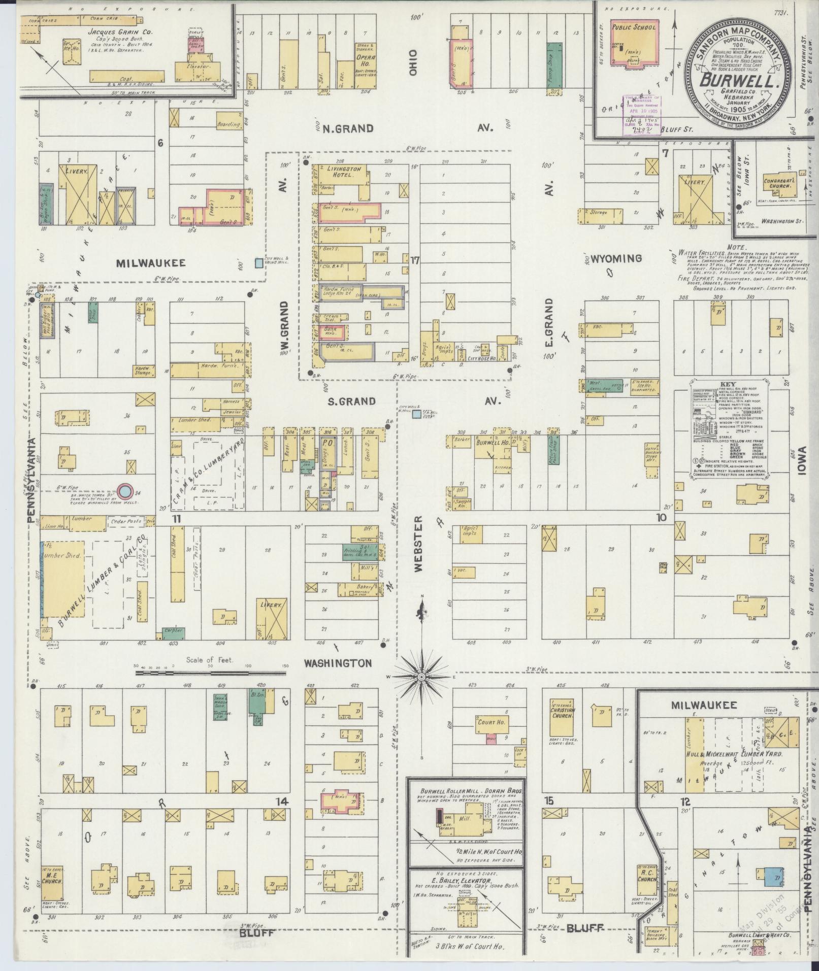 Sanborn Fire Insurance Map from Burwell, Gairfield County, Nebraska (1905), Sheet #0001 - Historic Sanborn Fire Insurance Map Print, vintage old map wall art, antique decor, genealogy gift, Nebraska Nebraska map