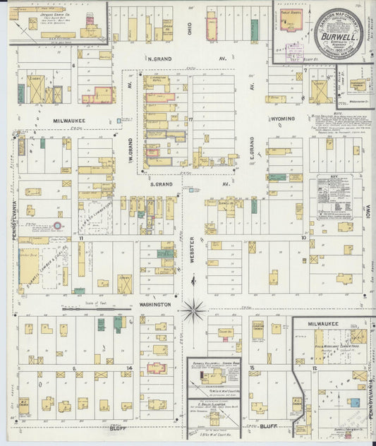 Sanborn Fire Insurance Map from Burwell, Gairfield County, Nebraska (1905), Sheet #0001 - Historic Sanborn Fire Insurance Map Print, vintage old map wall art, antique decor, genealogy gift, Nebraska Nebraska map