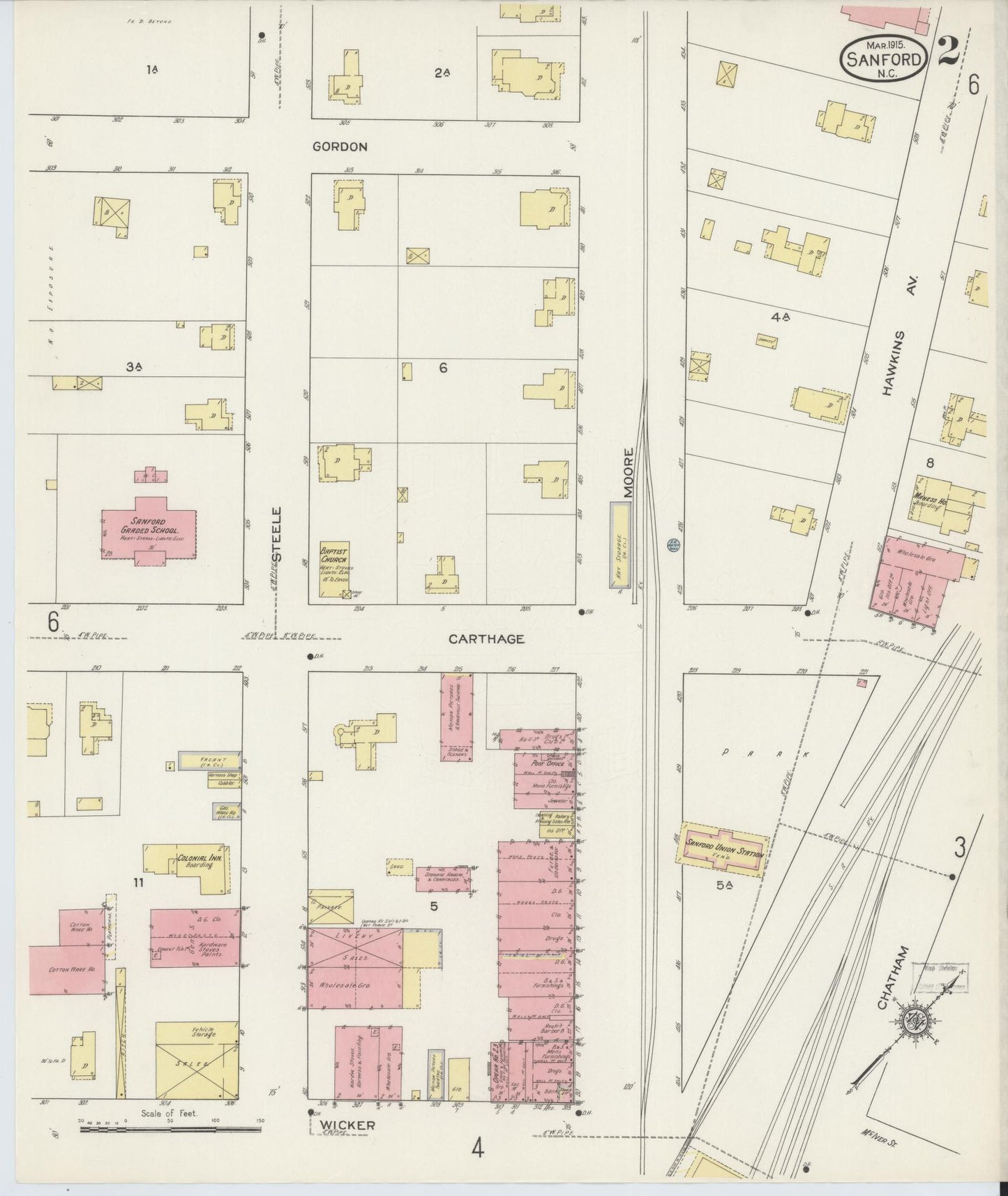 Sanborn Fire Insurance Map from Sanford, Lee County, North Carolina (1915), Sheet #0002 - Historic Sanborn Fire Insurance Map Print, vintage old map wall art, antique decor, genealogy gift, North Carolina North Carolina map