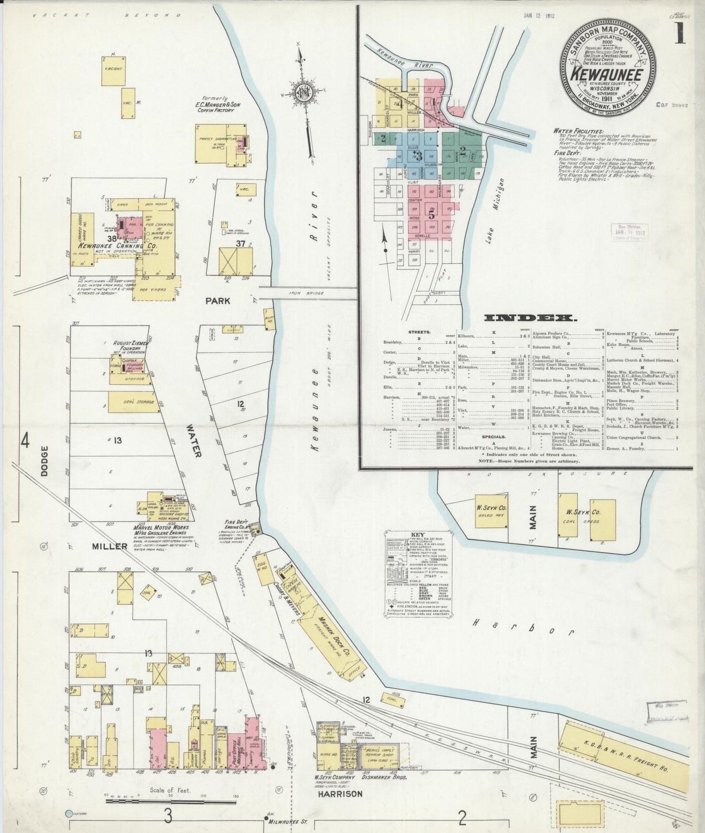 Sanborn Fire Insurance Map from Kewaunee, Kewaunee County, Wisconsin (1911), Sheet #0001 - Historic Sanborn Fire Insurance Map Print, vintage old map wall art, antique decor, genealogy gift, Wisconsin Wisconsin map