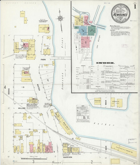 Sanborn Fire Insurance Map from Kewaunee, Kewaunee County, Wisconsin (1911), Sheet #0001 - Historic Sanborn Fire Insurance Map Print, vintage old map wall art, antique decor, genealogy gift, Wisconsin Wisconsin map