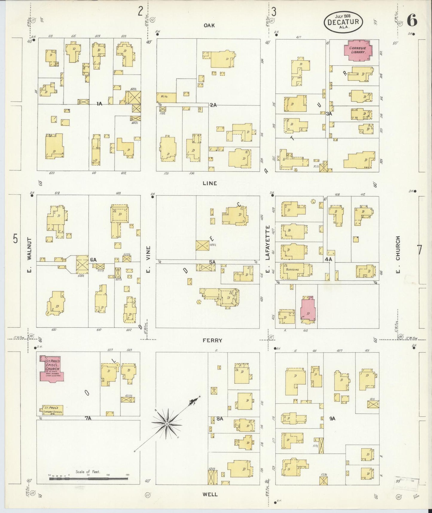 Sanborn Fire Insurance Map from Decatur, Morgan County, Alabama (1908), Sheet #0006 - Historic Sanborn Fire Insurance Map Print, vintage old map wall art, antique decor, genealogy gift, Alabama Alabama map