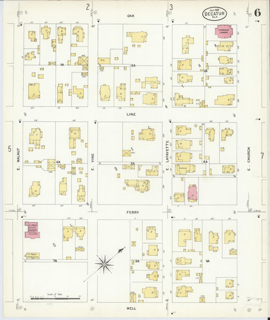 Sanborn Fire Insurance Map from Decatur, Morgan County, Alabama (1908), Sheet #0006 - Historic Sanborn Fire Insurance Map Print, vintage old map wall art, antique decor, genealogy gift, Alabama Alabama map
