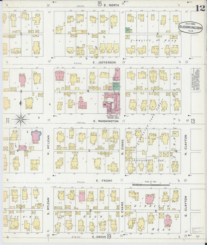 Sanborn Fire Insurance Map from Bloomington, McLean County, Illinois (1896), Sheet #0012 - Historic Sanborn Fire Insurance Map Print, vintage old map wall art, antique decor, genealogy gift, Illinois Illinois map