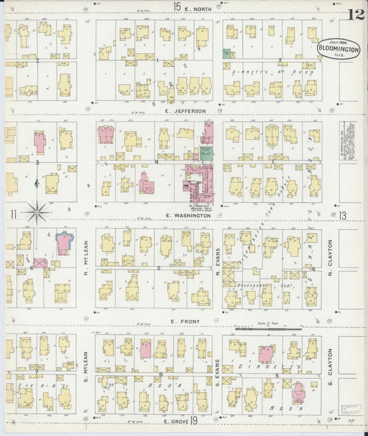 Sanborn Fire Insurance Map from Bloomington, McLean County, Illinois (1896), Sheet #0012 - Historic Sanborn Fire Insurance Map Print, vintage old map wall art, antique decor, genealogy gift, Illinois Illinois map