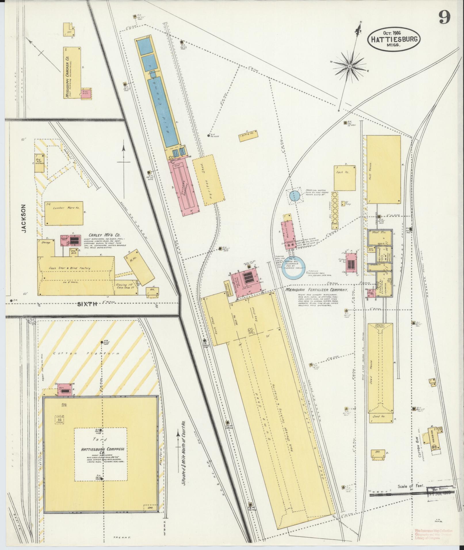 Sanborn Fire Insurance Map from Hattiesburg, Forrest County, Mississippi (1906), Sheet #0009 - Historic Sanborn Fire Insurance Map Print, vintage old map wall art, antique decor, genealogy gift, Mississippi Mississippi map