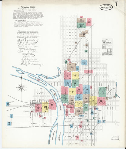 Sanborn Fire Insurance Map from Wichita, Sedgwick County, Kansas (1892), Sheet #0001 - Complete Map Set gallery image, historic Sanborn map, vintage wall art, Kansas Kansas