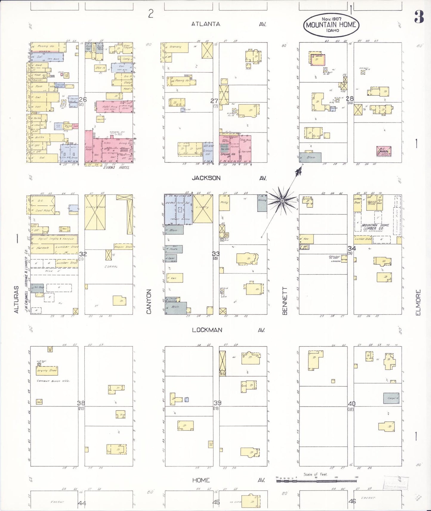 Sanborn Fire Insurance Map from Mountain Home, Elmore County, Idaho (1907), Sheet #0003 - Historic Sanborn Fire Insurance Map Print, vintage old map wall art, antique decor, genealogy gift, Idaho Idaho map