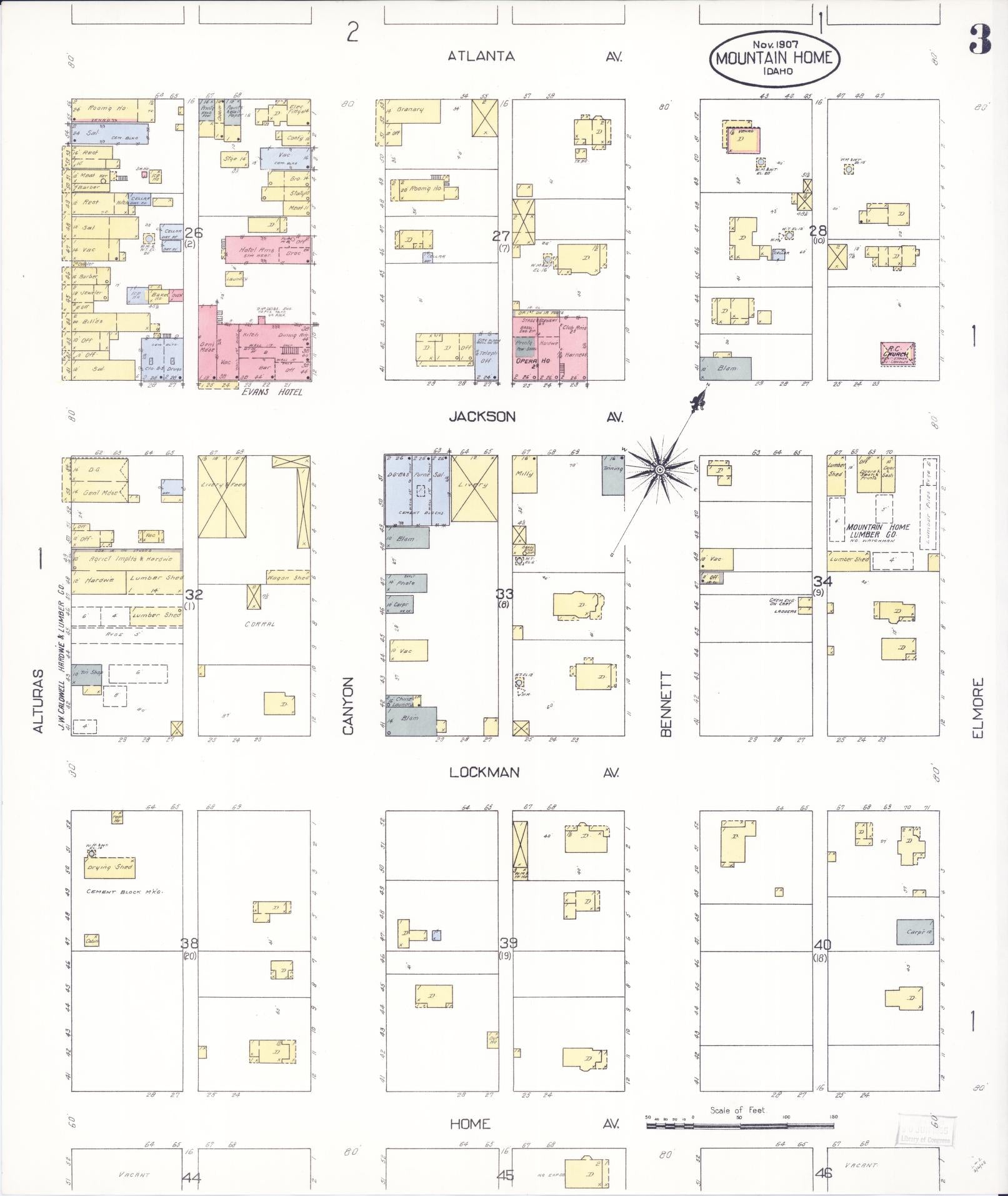 Sanborn Fire Insurance Map from Mountain Home, Elmore County, Idaho (1907), Sheet #0003 - Historic Sanborn Fire Insurance Map Print, vintage old map wall art, antique decor, genealogy gift, Idaho Idaho map
