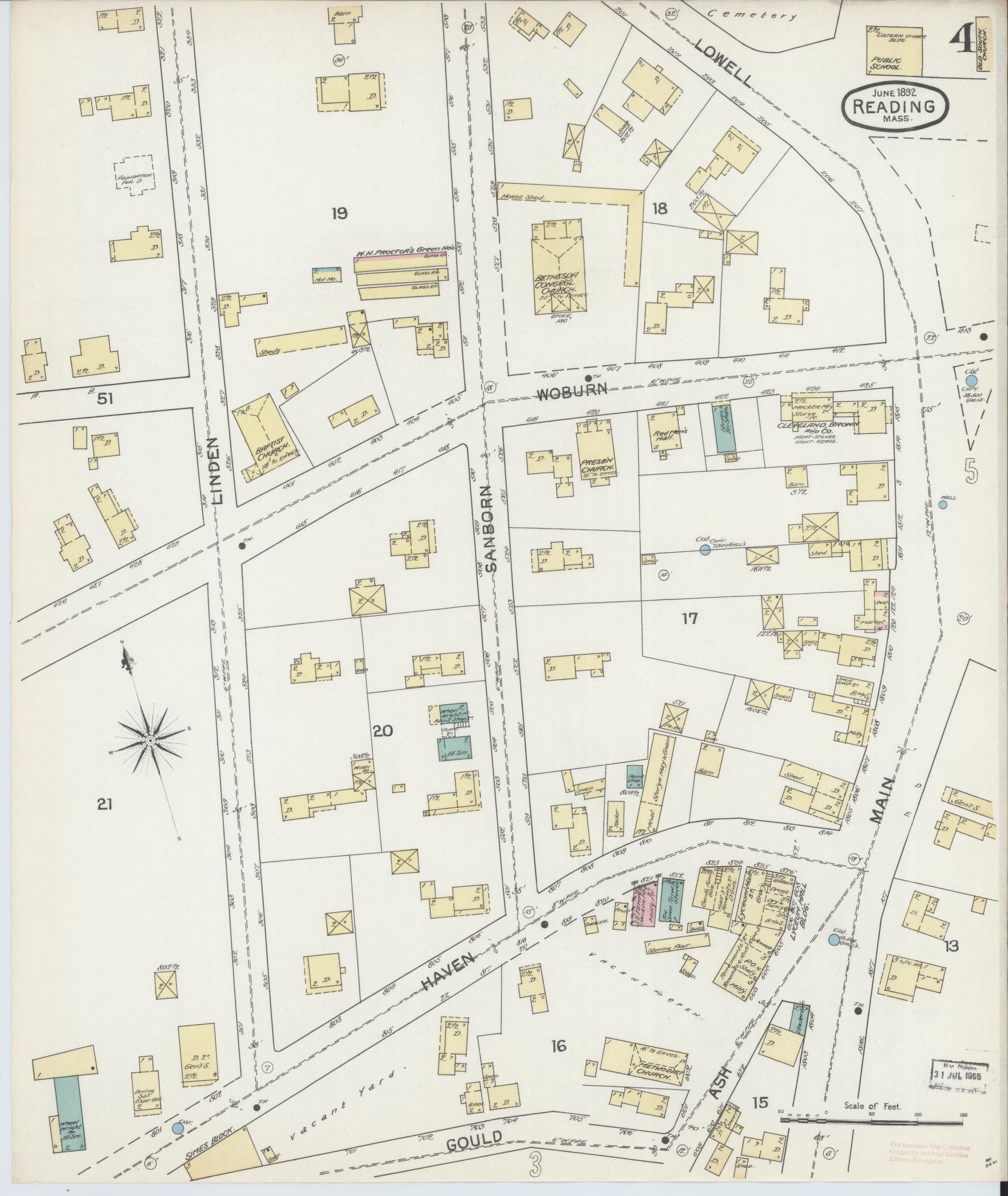 Sanborn Fire Insurance Map from Reading, Middlesex County, Massachusetts (1892), Sheet #0004 - Historic Sanborn Fire Insurance Map Print, vintage old map wall art, antique decor, genealogy gift, Massachusetts Massachusetts map