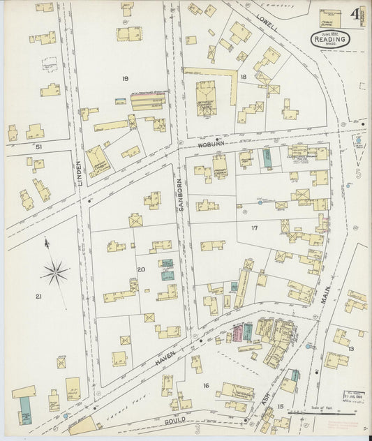 Sanborn Fire Insurance Map from Reading, Middlesex County, Massachusetts (1892), Sheet #0004 - Historic Sanborn Fire Insurance Map Print, vintage old map wall art, antique decor, genealogy gift, Massachusetts Massachusetts map