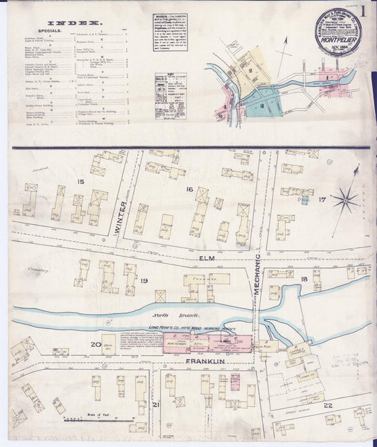 Sanborn Fire Insurance Map from Montpelier, Washington County, Vermont (1884), Sheet #0001 - Historic Sanborn Fire Insurance Map Print, vintage old map wall art, antique decor, genealogy gift, Vermont Vermont map