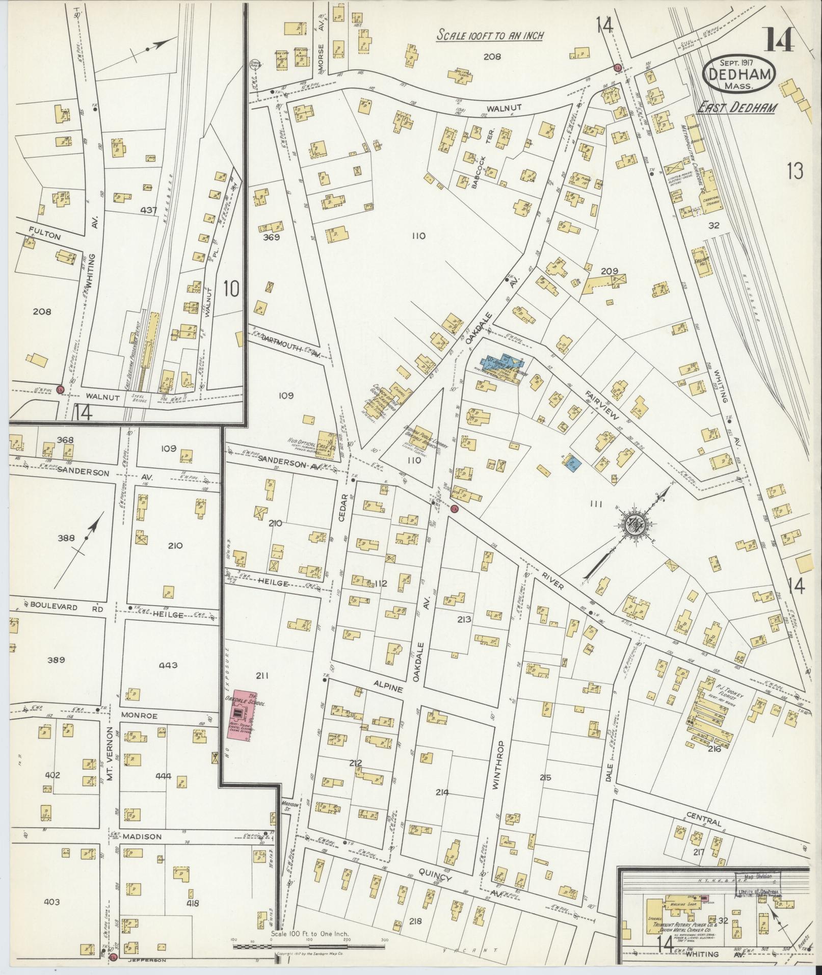 Sanborn Fire Insurance Map from Dedham, Norfolk County, Massachusetts (1917), Sheet #0014 - Historic Sanborn Fire Insurance Map Print, vintage old map wall art, antique decor, genealogy gift, Massachusetts Massachusetts map