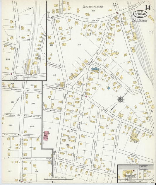 Sanborn Fire Insurance Map from Dedham, Norfolk County, Massachusetts (1917), Sheet #0014 - Historic Sanborn Fire Insurance Map Print, vintage old map wall art, antique decor, genealogy gift, Massachusetts Massachusetts map